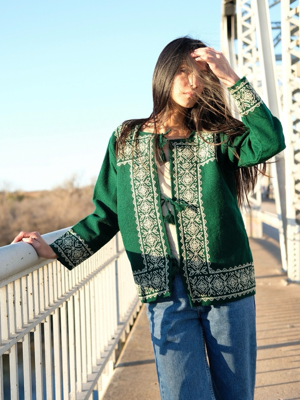 Green Embroidered Women's Coton Puebla Mexico embroidered sweater